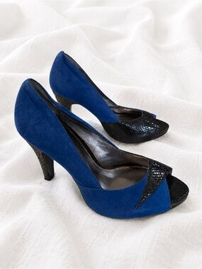 Wanted Blue Suede Peep-Toe Heels with Black Textured Trim
